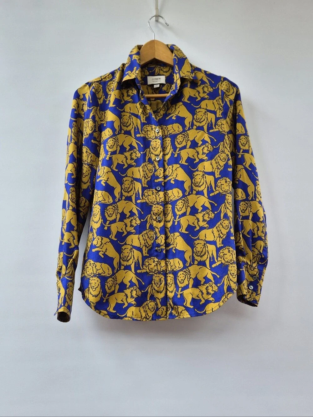 J.Crew Collection Silk Twill Button Up Shirt Sleepy Lions Size 00 Animal Print